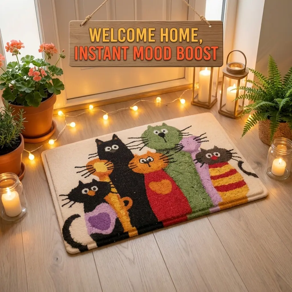 Calling all cat lovers!  Upgrade your home with our ultra-soft Flannel Cat Mats (100% premium polyester + comfy PU core). 6 adorable kitty designs! The purr-fect gift!  #catlover #homedecor #tiktokmademebuyit #catmom