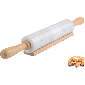 18.5 inch Marble Rolling Pin with Wooden Cradle Thick Handle Set for Baking, Premium Quality Polished Roller for Pizza Dough, Fondant, Pie Crust, Non-Stick Surface Easy to Clean (White)