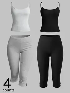 Women's 4-Piece Loungewear Set: Cami Tops & Side-Slit Capri Pants, Soft Stretchy Knit Fabric, Minimalist Style, Versatile for Casual & Active Wear