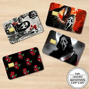 Handmade Holographic Ghostface 4-Pack Credit Card Skins, Horror Wallet Decor, Spooky Aesthetic Covers, Gift Idea - Fits Most Debit/Credit/Gift Cards, 3.375" x 2.125" Size