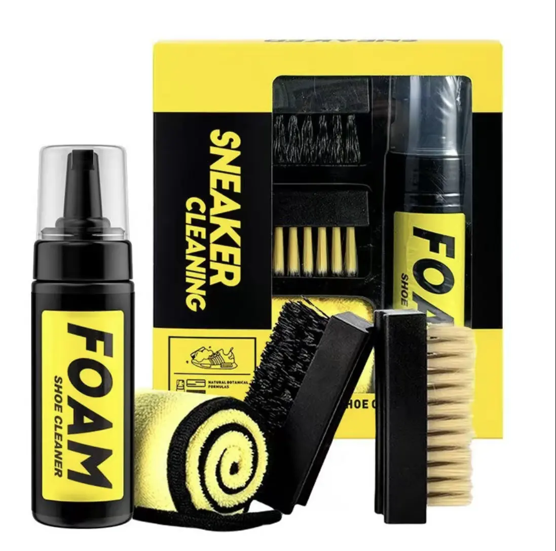 Eco-Friendly Foam Mousse Footwear Cleaning Kit - 1 Box Leather, Gym Shoe Cleaner, Sneaker Stain Remover, Rubber Boot Care Set for Household Stain Removal, Includes Brushes