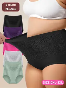 【Plus Size】 Floral Lace High Waist Fitted Panty, Soft Comfy Breathable Knicker for Daily Wear, Women's Tummy Control Underwear for All Seasons