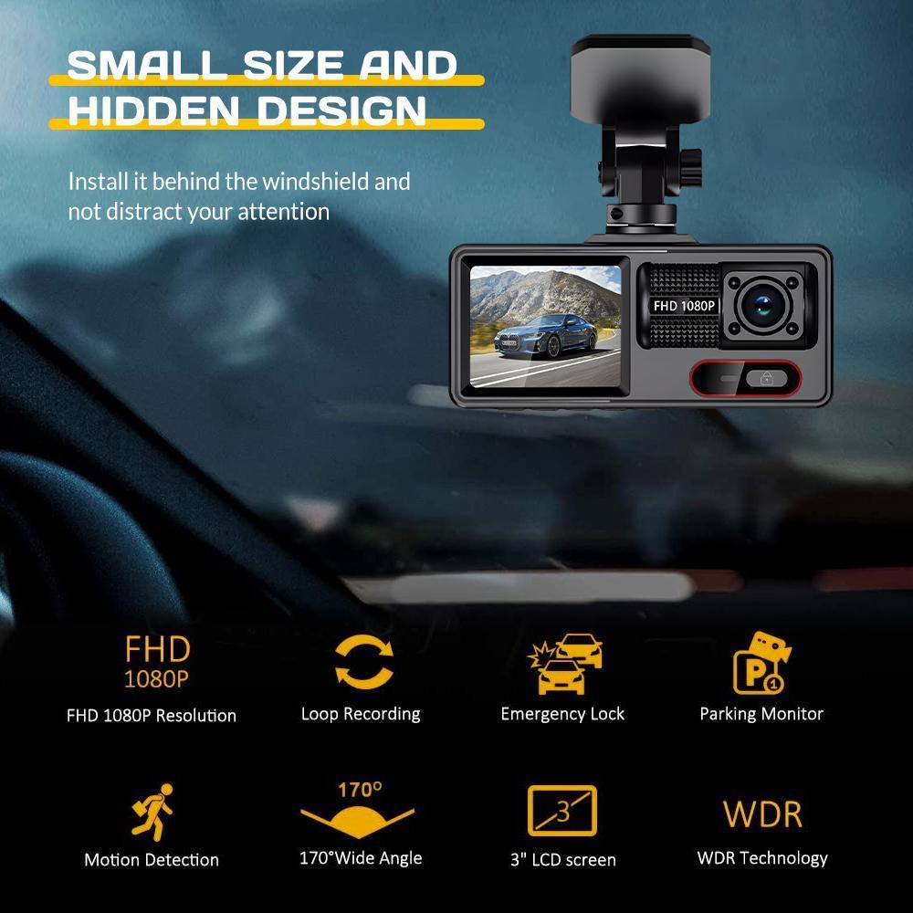 3 Channel Dash Cam with WiFi & App Control – 1080P+720P, 170° Wide Angle, 24H Parking Monitoring, Loop Recording, Motion Detection, Night Vision