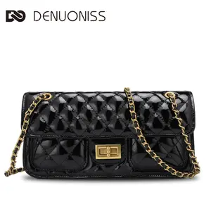 DENUONISS Diamond-Quilted Chain Bag - Glossy Patent Leather, Versatile Vintage Design, Crossbody or Shoulder, High-End Texture, Waterproof & Wear-Resistant, Pure Black, Fashion Must-Have, Classic Style, Retro Gold Hardware Locks
