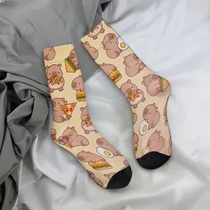 Cartoon capybara and food patterns, mid-calf socks, casual and sporty style - soft and comfortable.