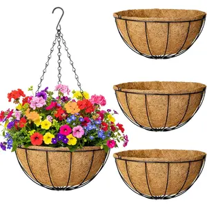 4 Pack  Planters 14 Inch Metal  Planter Basket Flower Pots with Coco Coir Liners Round Wire  Holder with Chain for Indoor Outdoor Patio Porch Garden Decoration(XG)