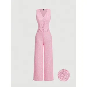 Pink Vest Top, Straight Leg Pants, Ladies Elegant Suit Set, Trim Women's Suit Set, Blazer Jacket And Pants, Early Autumn Outfit Back To School Preppy Fabric Womenswear Bottom     Casual Minimalist Button Sleeve Spring Basic