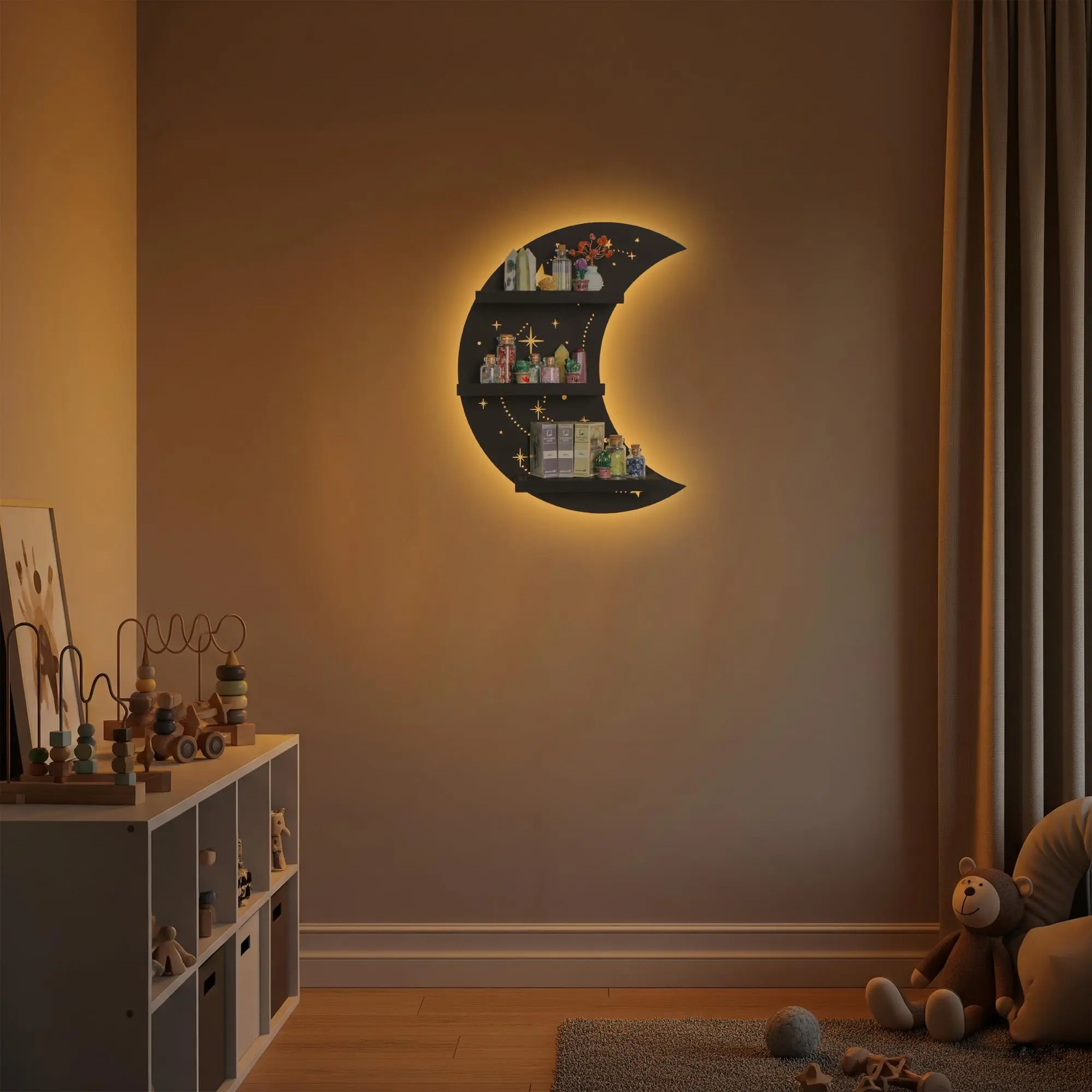 FNYDOX Crescent Moon Shelf with LED Lighting for Crystals & Healing Stones, Celestial Decor for Witchy & Bohemian Home, Easy Wall-Mounted Display for Altar & Meditation Space