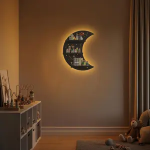FNYDOX Crescent Moon Shelf with LED Lighting for Crystals & Healing Stones, Celestial Decor for Witchy & Bohemian Home, Easy Wall-Mounted Display for Altar & Meditation Space