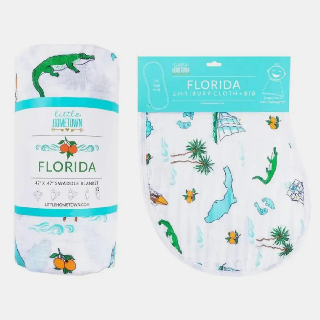 Little Hometown State-Themed Baby Gift Set: Organic Cotton/Bamboo Swaddle, Versatile Wraparound Bib & Absorbent Burp Cloth, Soft Muslin, Unisex