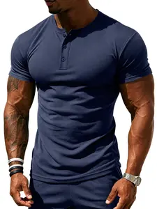 Summer Men's Henry Neck Mesh Short Sleeve T-Shirt, Breathable Slim Fit Elastic Top, Textured Casual Henley, Sporty Fashion Male Clothing, Breathable Sports Tee