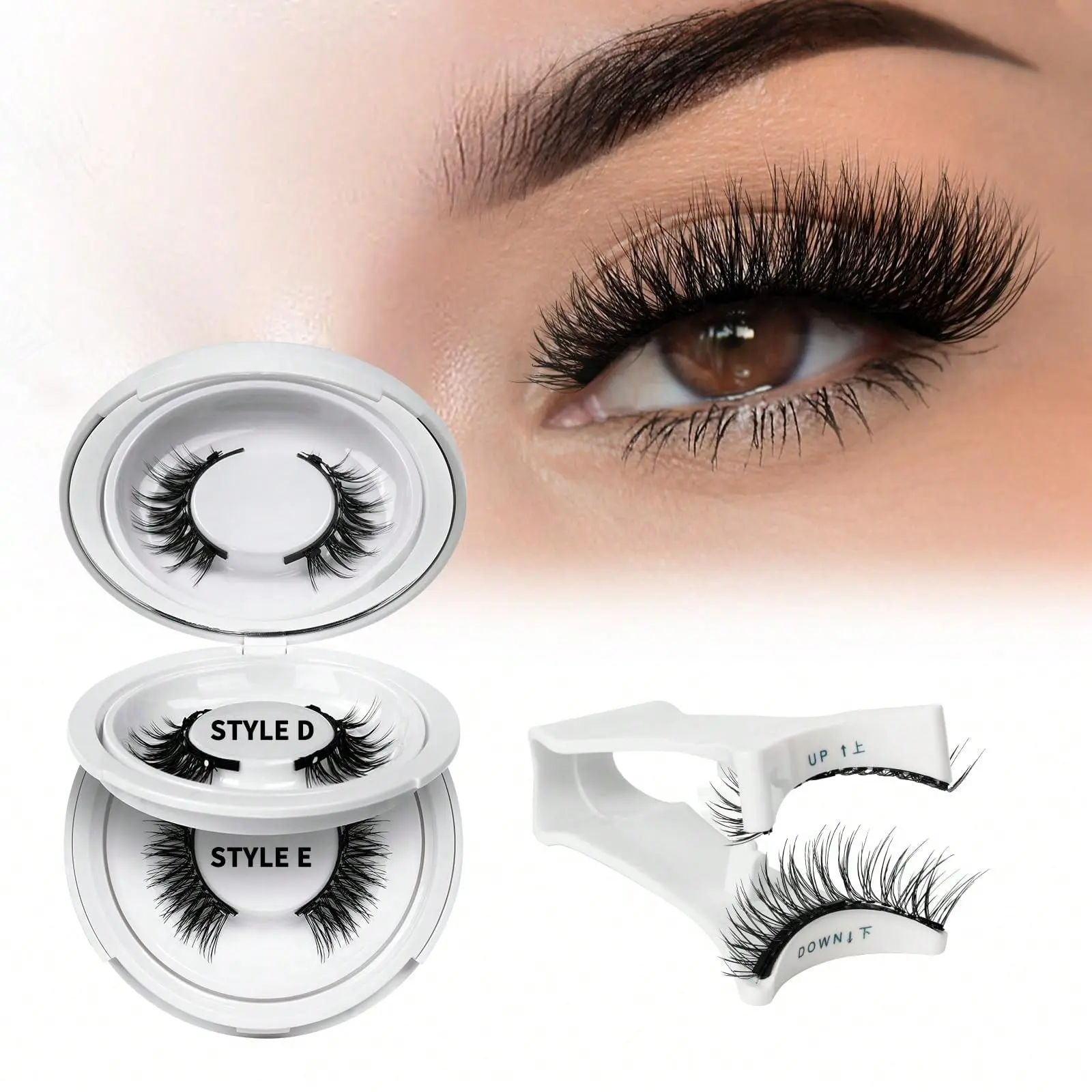 2 pairs of magnetic false eyelashes set. Easy to apply without glue. Length ranges from 8 to 13 mm. Naturally enlarges eyes. Comes with a magnetic eyelash curler for portability. Beginner-friendly. Natural Sweep Lash Set Magnetic Lash Kit