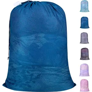 Extra Heavy Duty Large Diamond Mesh Laundry Bags with Drawstring Closure & ID Tag, 24 x 36 inches Washable Storage Bag for College, Travel, Sports, Dorms, Blue