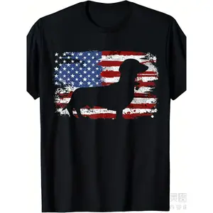 Men's & Women's Dachshund Weiner Vintage American Flag T-Shirt - Retro Dog Lover Tee with Dachshund Print, 220GSM Pure Cotton, Casual Round Neck Shirt for Year-Round Wear (Black/White) - Perfect Gift