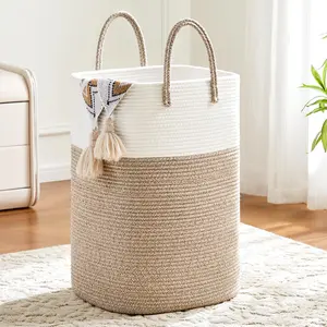 Jumbo Size Cotton Material Laundry Basket Woven Cotton Rope 10.57/15.85gal/21.13gal/26.42gal Multifunctional Storage for Dirty Clothes Toys and Blankets in Bathroom Nursery and Living Room