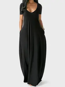 2026 Summer Dresses for Women, Casual Beach Vacation, Short Sleeve Sundress, Sexy Deep V Neck, Loose-Fitting, with Pocket, Womenswear, Basic, Minimalist