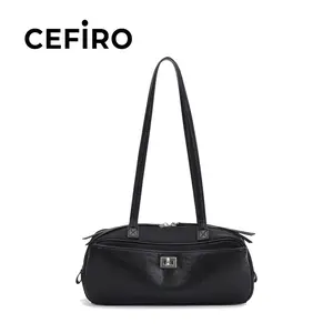 CEFIRO Urban Baguette Bag - Elegant Black Shoulder Bag with Fixed Shoulder Strap and Secure Zip Closure