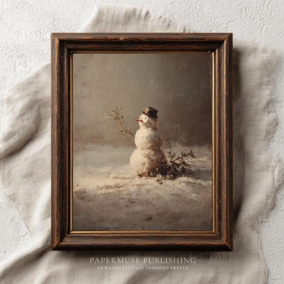 Vintage Snowman Wall Art, Rustic Winter Landscape Painting, Antique Christmas Décor Print, Farmhouse Holiday Poster