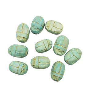 Egyptian Scarab Beads Set of 10 Large - Green Soapstone - Made in Egypt