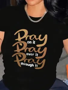 Women's Prayer Letter Print Crew Neck Short Sleeve 100% Material T-Shirt, Praying to God, Praying to God, Praying to God Pattern T-Shirt for Women