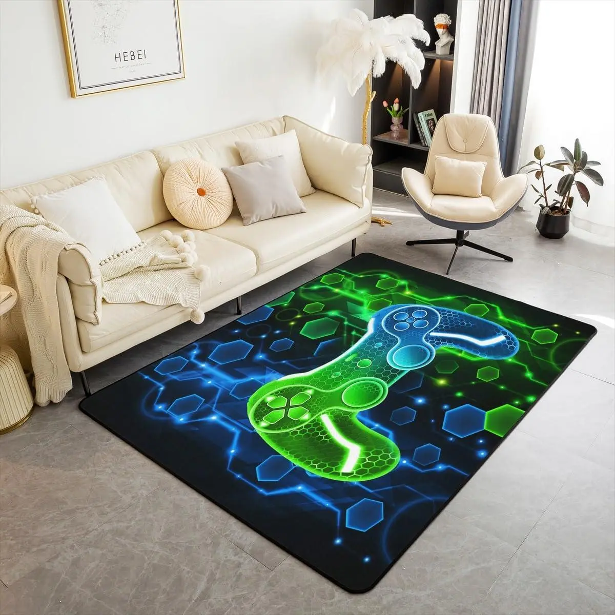 Gamer Area Rug Game Controller Living Room Rugs Honeycomb Gaming Gifts Decorative Carpet Set Gamepad Pattern Blue Green Black Indoor Floor Mat
