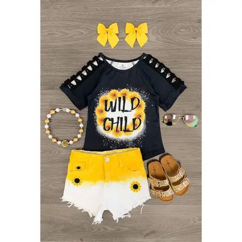 Sparkle In Pink Girls' "Wild Child" Crochet Dip-Dye Denim Matching Set - High Stretch, Adjustable Waist, Front Pockets, Round Neck, Embossed Text Kids Clothing Girls Fashion Style Sets