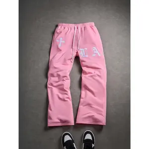 Pink LA Cross Embroidered Sweatpants | Streetwear Wide-Leg Bottoms