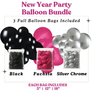 New Year Party Balloon Bundle - Black, Fuchsia, Chrome Silver - Sizes 5"- 12"- 18" - Perfect for New Year Celebrations