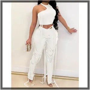 Women's Solid Lace Up Pants Two-piece Set, Back To School Asymmetrical Neck Tie Back Crop Tank Top & Split Hem String Decor Trousers, Two Piece Set Women,  Hip Hop Style Clothing Set, Musical Festival for Christmas