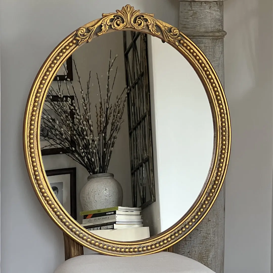 Marais Oval French Gilt Gold Mirror - Linen-Accented Wood Frame, Antique Home Decor Piece with Elegant Details