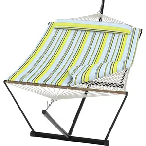 2 Person Outdoor Hammock with Stand, Person Cotton Rope Hammock with Polyester Pad, Portable Hammock with Carrying Bag, for Patio, Garden, Beach, Backyard Camping