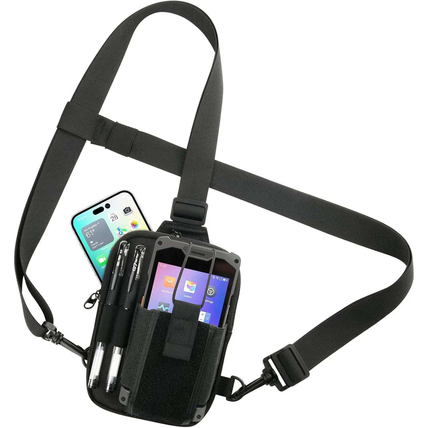 Black Chest Harness Carrying Case Pouch with Velcro Hook-Loop - 3-Way Adjustable Strap, Universal Fit, Protects Device for USPS Mail Delivery Postal Scanners, Mobile Phones, Handheld Computers