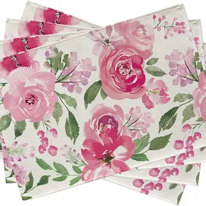 2D flat printing, 2-piece/4-piece/6-piece/8-piece set of spring and summer watercolor flower placemats, pink peony flower table placemats, Floral Pattern Placemat, seasonal kitchen decoration, home decoration