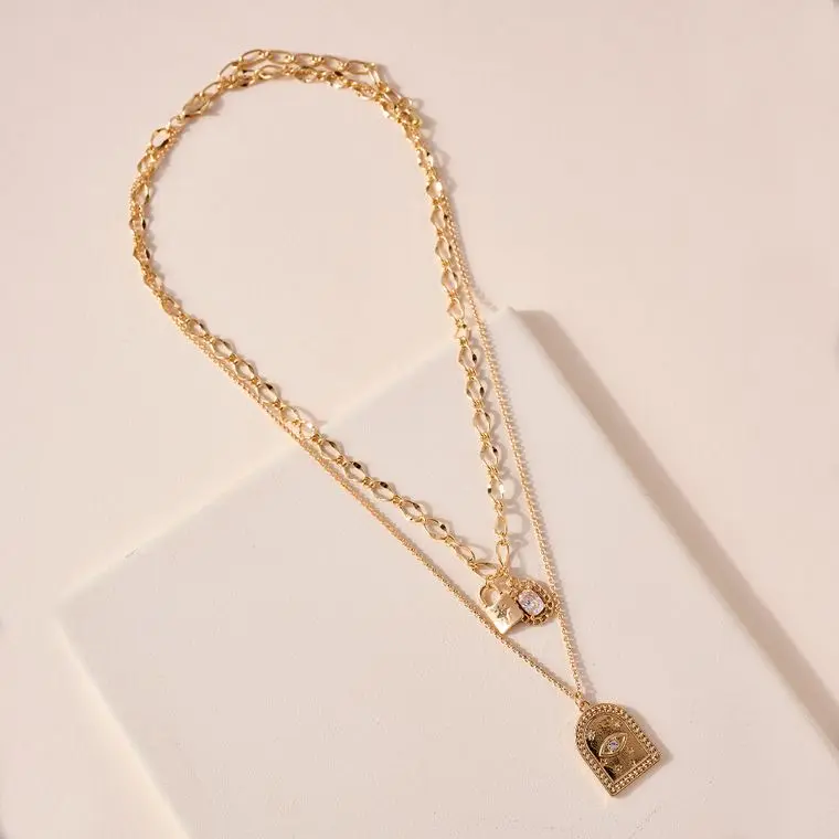 Layered Lock Eye Chain Necklace