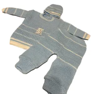 Tiny Human Beings Suit - Blue Striped Knit Onesie with Teddy Bear Embroidery for Infants