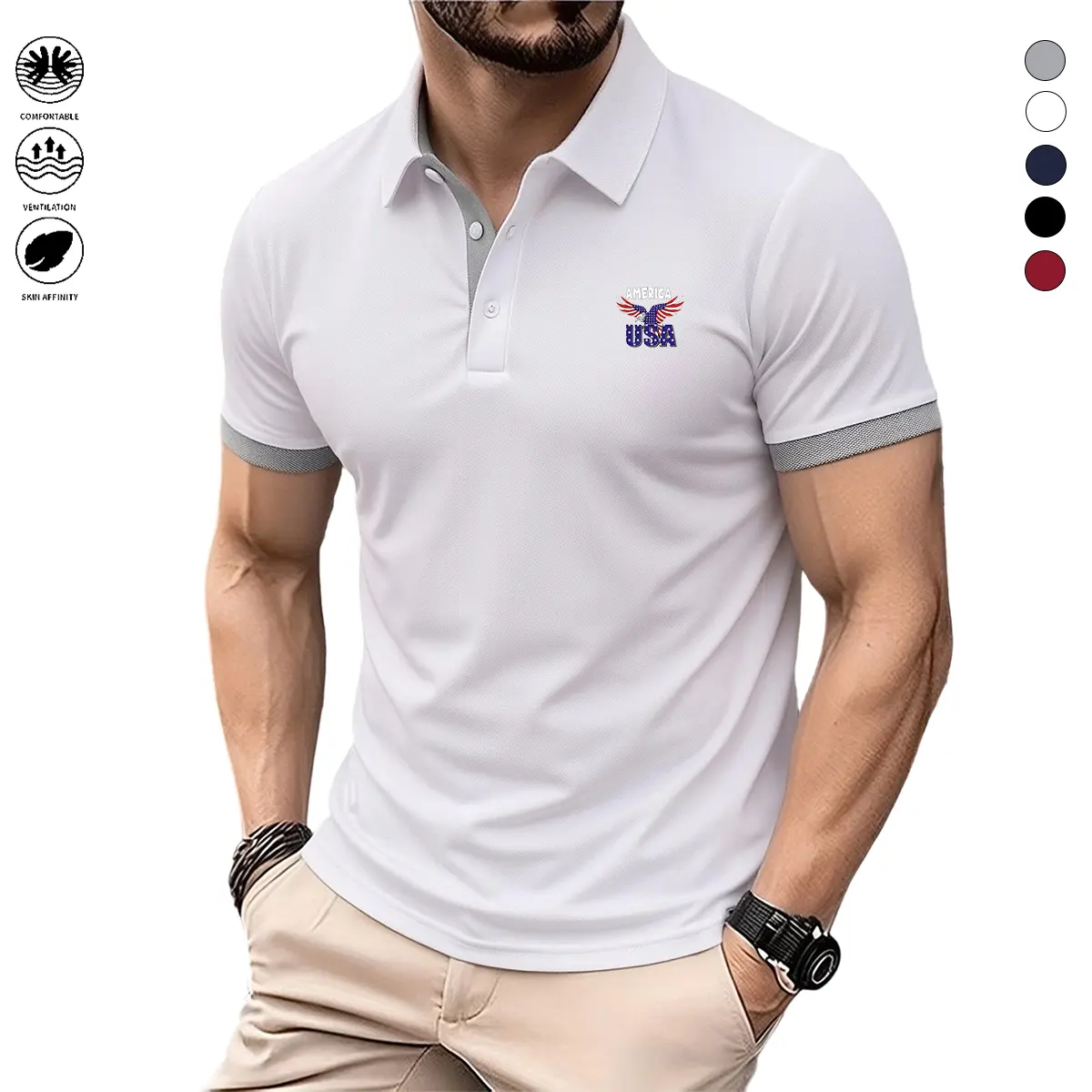 Men’s USA Eagle Print Casual Polo Shirt - Menswear Short-Sleeve Lightweight Golf Sports Polo, Breathable Quick-Dry Mesh, Contrasting Red Collar Trim, Turn-Down Collar, Ideal for Easter & Casual Wear, Sports Polo Shirt