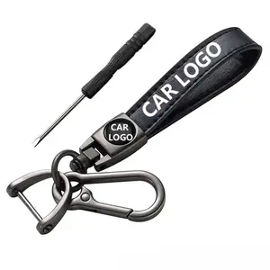 Leather Car Keychain with Logo - Black Leather Design, Includes Multiple Attachments, Durable and Versatile Accessory