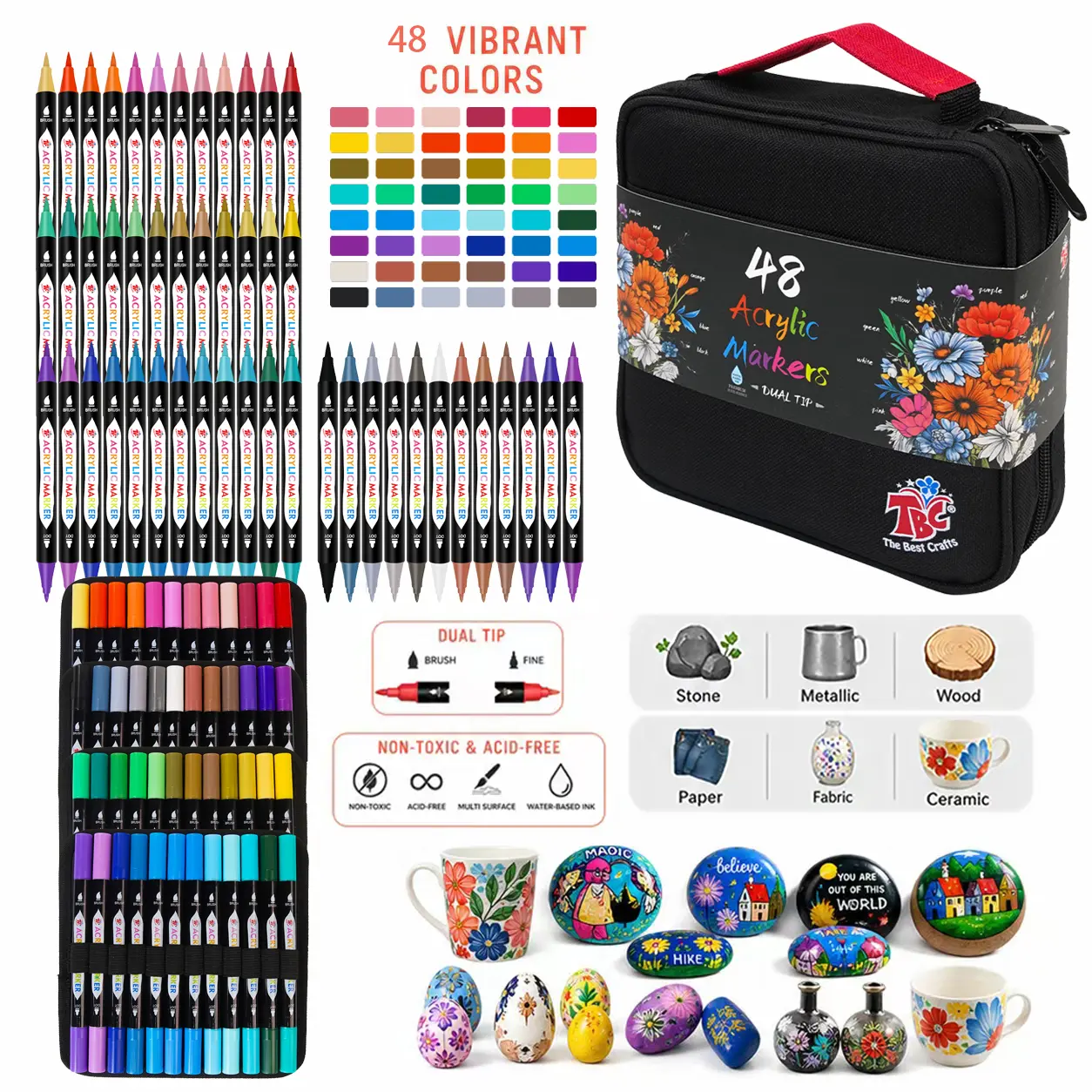 TBC The Best Crafts 48-Colors Dual Tip Acrylic Paint Markers, Double zipper design Topgrade Canvas bag,Waterproof, Non-Toxic, odorless, Suitable for Paper,Pottery, Stones, Glass,outdoor painting,summerwins
