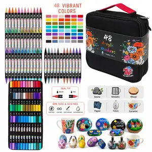 TBC The Best Crafts 48Colors Dual Tip Acrylic Paint Markers, Double zipper design Topgrade Canvas bag,Waterproof, Non-Toxic, odorless, Suitable for Paper,Pottery, Stones, Glass,outdoor painting