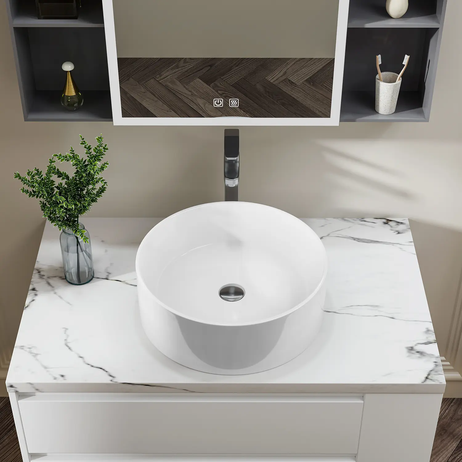 Sinber 18" x 18" x 6.3" White Round Ceramic Countertop Bathroom Vanity Vessel Sink BVS1818A-OL
