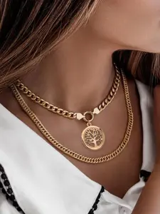 Women's Hollow Out Tree Of Life Design Pendant Necklace & Cuban Chunky Chain Necklace, Fashion Jewelry for Party, Daily Clothing Decor, Jewellery Accessories, Statement Necklace, Bling Necklace
