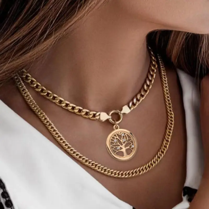 Women's Hollow Out Tree Of Life Design Pendant Necklace & Cuban Chunky Chain Necklace, Fashion Jewelry for Party, Daily Clothing Decor, Jewellery Accessories, Statement Necklace, Bling Necklace, Copper Chain Jewelry, Costume Necklaces
