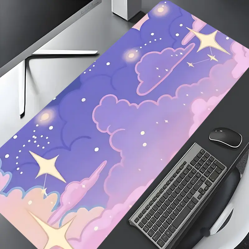 Dreamy Purple Pastel Starry Cloud Large Gaming Mouse Pad,Aesthetic Desktop Drotection Pad,Cute Desk Accessories,Gaming Desk Accessory,Washable Rubber Pad Non-Slip Lock Edge Multi-Size Mouse Pad Suitable For Home Office,Good Gift for Family and Friends