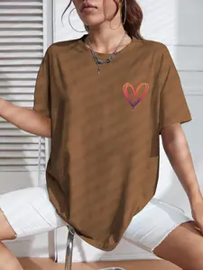 Women's Heart Print Drop Shoulder Soft Jersey Tee, Casual Loose Half Sleeve Round Neck T-Shirt for Summer, Fashion Womenswear Top for Everyday Wear
