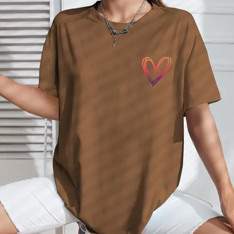 Women's Heart Print Drop Shoulder Soft Jersey Tee, Casual Loose Half Sleeve Round Neck T-Shirt for Summer, Fashion Womenswear Top for Everyday Wear