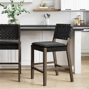 Faux Leather Woven Counter Height Bar Stool Black