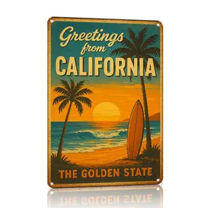 Vintage Aluminium Metal Wall Decor Sign - 8x12 in Retro Artistic Beach Plaque, Greetings from California The Golden State, California Souvenir Home Decor