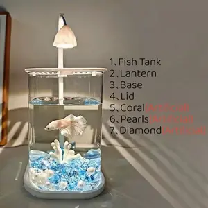 360° Clear Desktop Fish Tank with LED Light & Decor – Perfect for Home, Office & Classroom (For Fish, Turtles & Plants)
