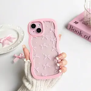 Case for IPhone 17 Pro Max Case 6.9 Inch,Cute Curly Wave Frame Shape Case with Pink Bowknot & Heart Pattern, Clear Slim Shockproof Hard PC Bumper Phone Cover for Women Girls, Peach Pink, Compatible with IPhone 17/16/15/14/13/12 Case