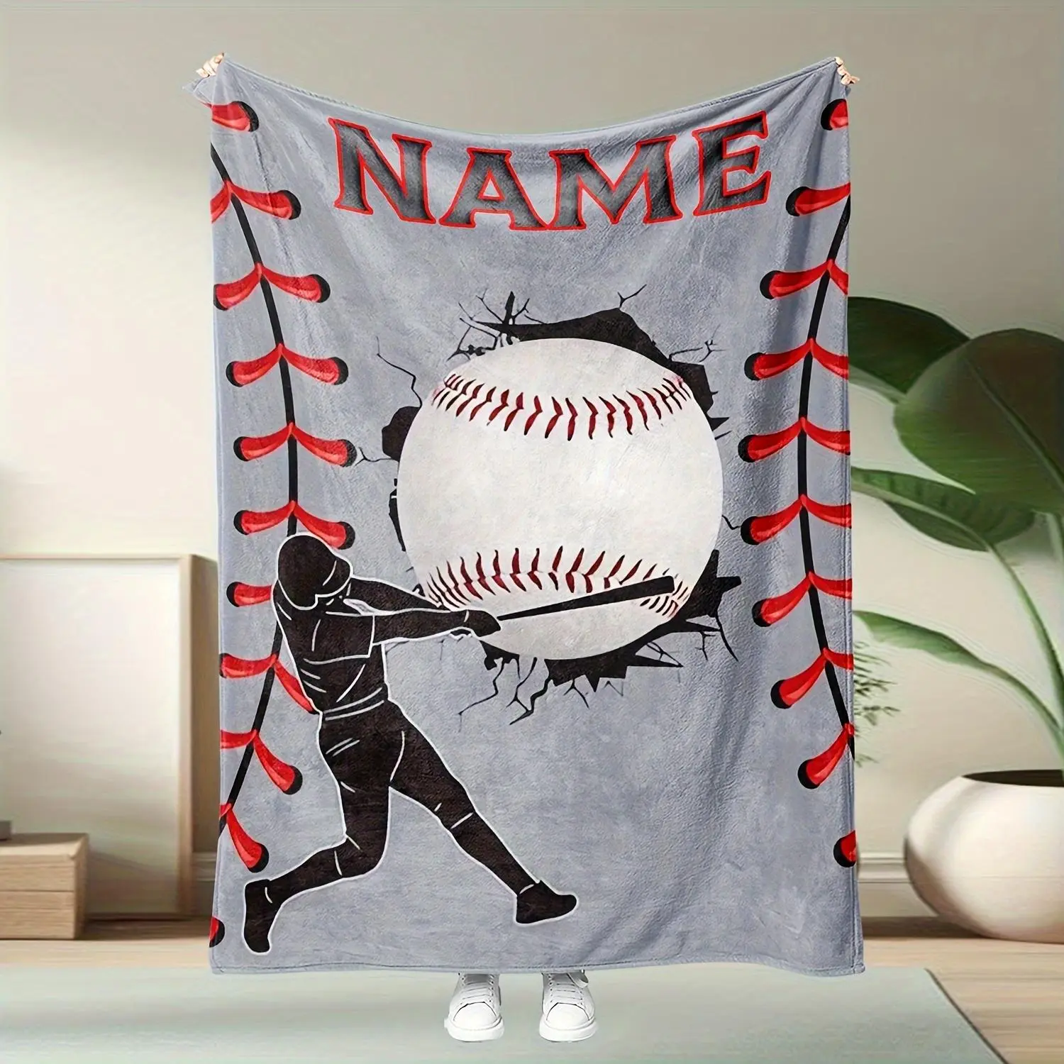 Custom Name Baseball Fan Personalized Text Flannel Blanket 2D Flat Print Throw Blanket Personalized Text Content Suitable for Commemorative Gift Holiday Multi-Purpose Blanket 1pc, 2D Flat
